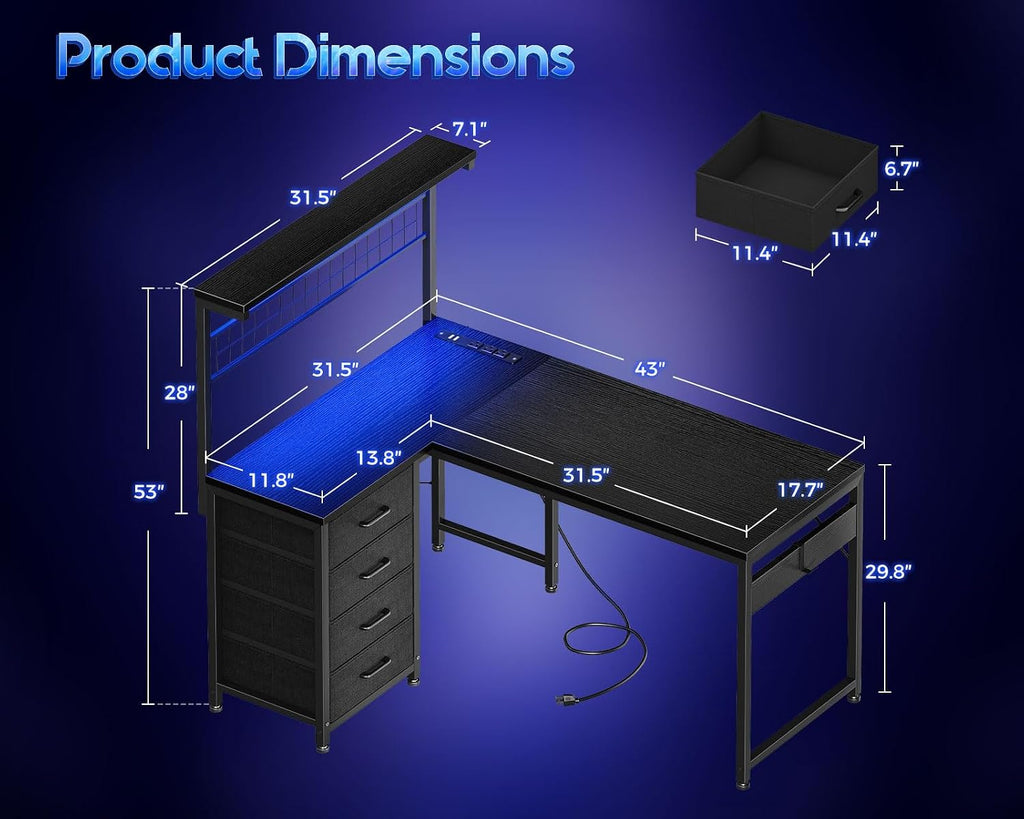 43" L Shaped Gaming Desk with Shelf & 4 Drawers, Black | Compact corner computer table. Reversible study desk with