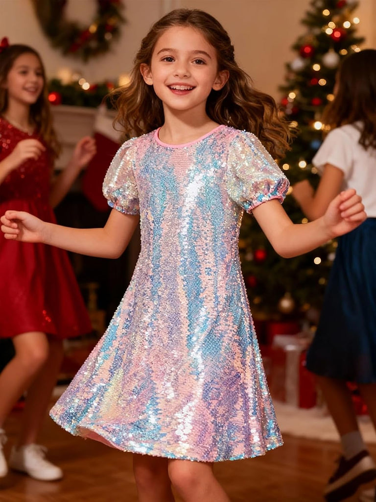 Girls Sparkly Sequin Dress Puff Sleeve for Kids Party Birthday