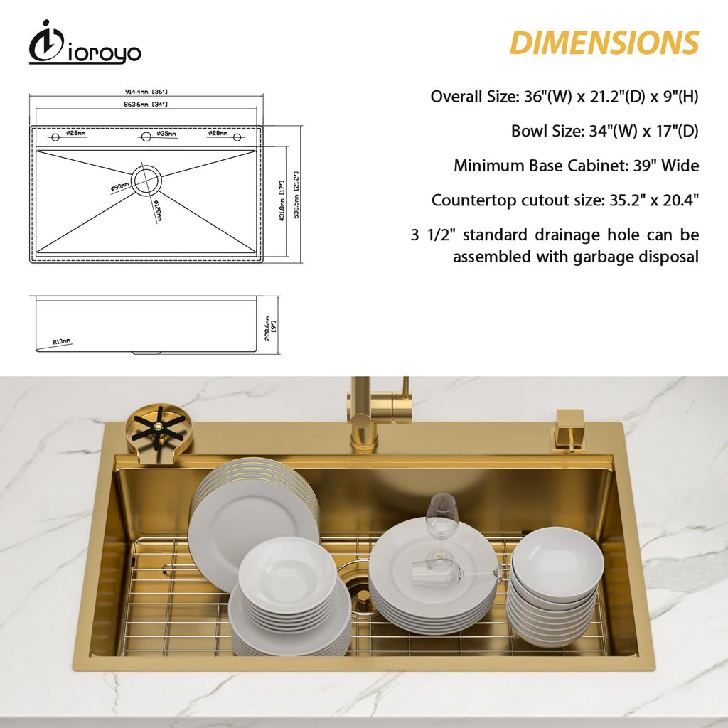 36 Inch Gold Drop In Workstation Kitchen SInk with Mixing Bowl