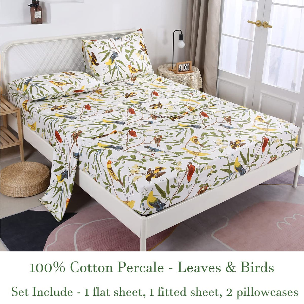 4Pcs Birds Sheets Set for Bed, Farmhouse Green Leaves Pattern, Luxurious Egyptian Percale Cotton Bed Sheet Silky