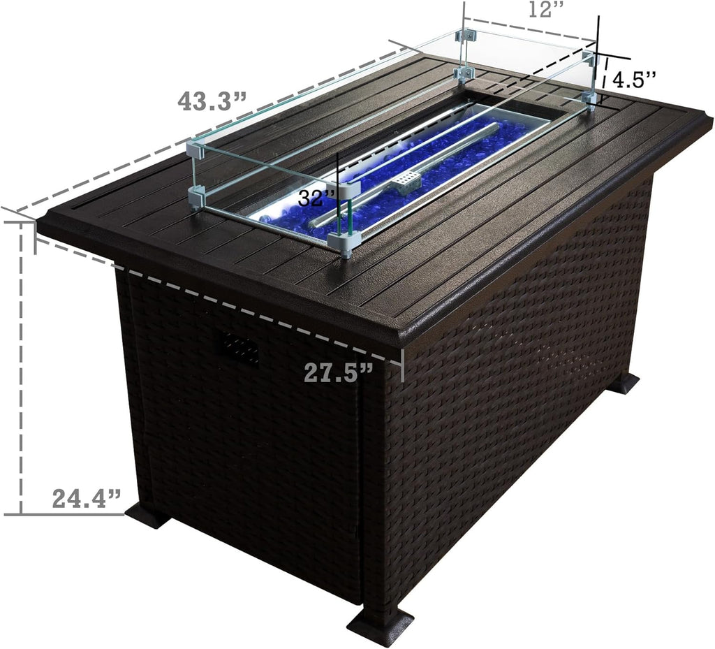 Outdoor Patio Propane Gas Fire Pit Table - 50,000 BTU Wicker Design with Aluminum Tabletop, Glass Wind Guard