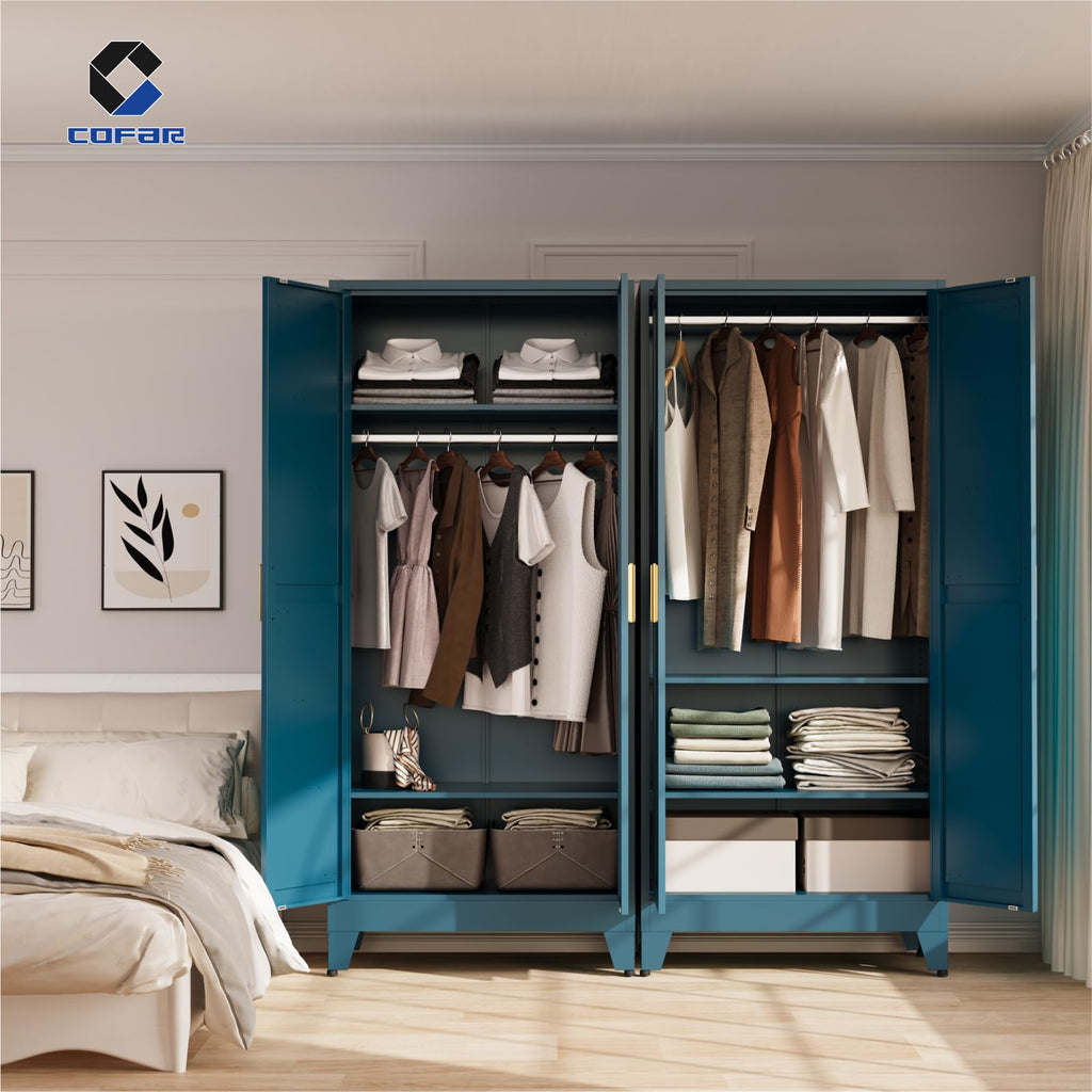 71'' Metal Armoire Wardrobe Closet, Steel Wardrobe Cabinet with Adjustable Hanging Rod and Shelves, 2 Doors Farmhouse