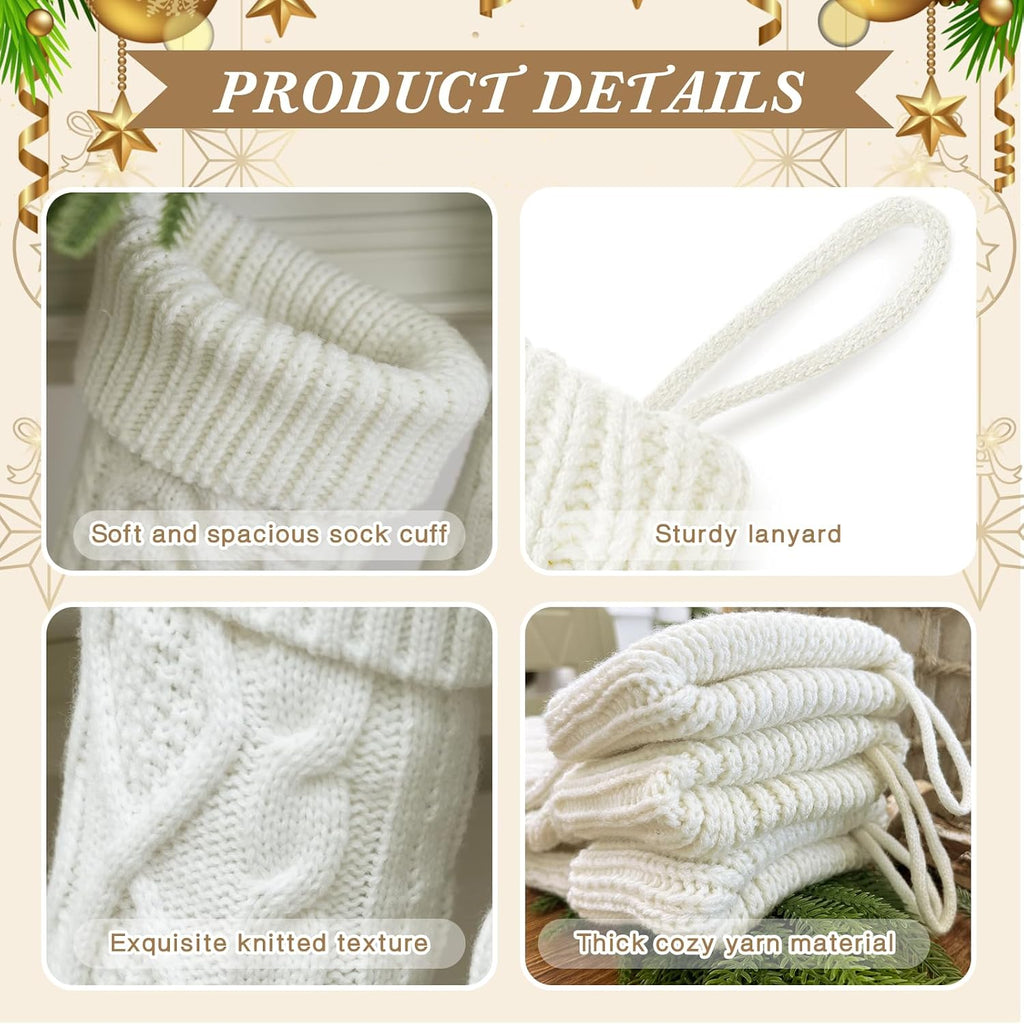 3 Pack White Farmhouse Christmas Stockings - Large 18" Rustic Boho Vintage Cable Knit Holiday Stockings, Neutral