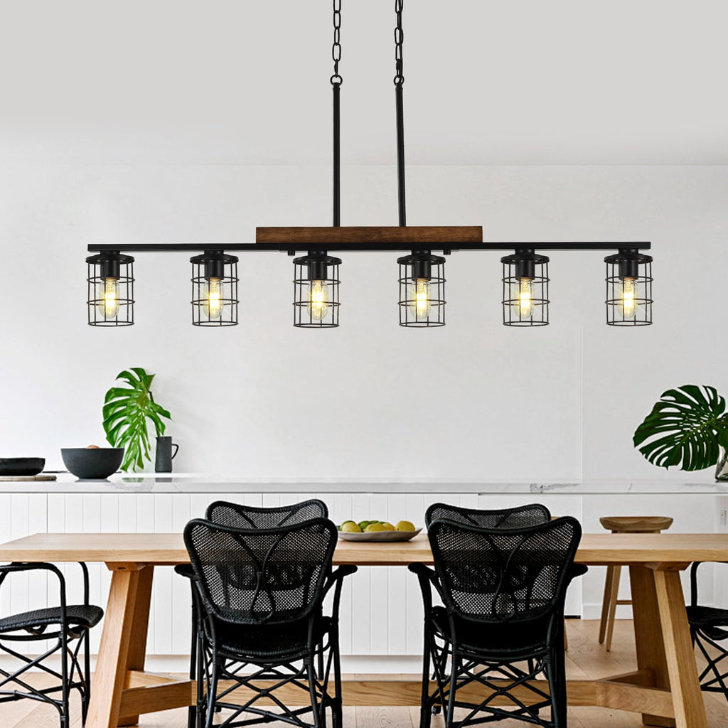 6-Light Farmhouse Kitchen Light Fixture, Rustic Wood & Metal Cage