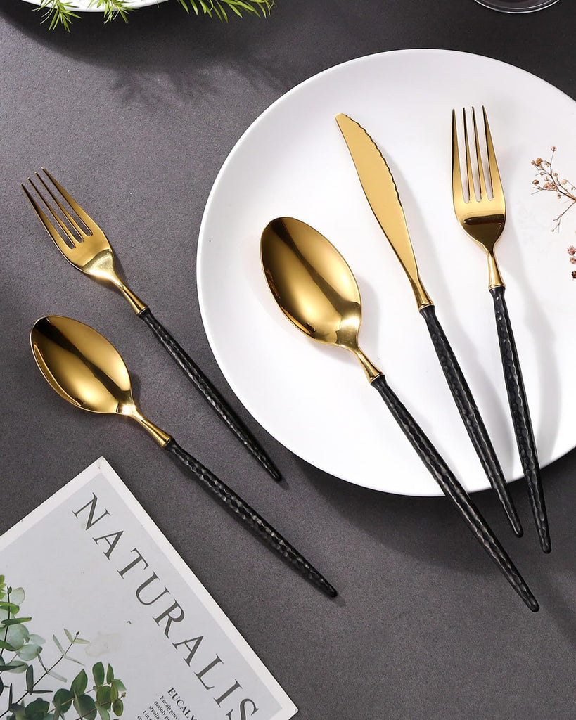 20-Piece Hammered Black Gold Silverware Set,18/10 Stainless Steel Forging Heavy Duty Cutlery Set for 4, Luxury Unique