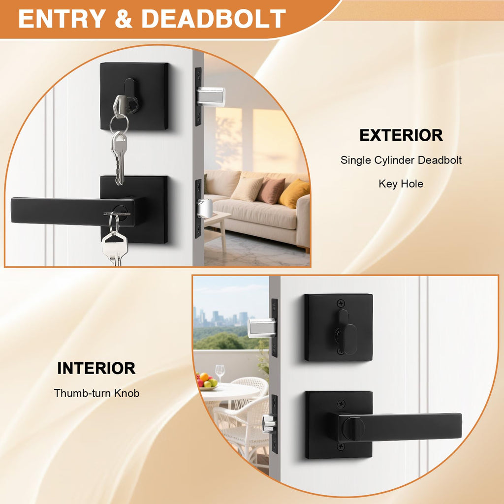 Square Keyed Entry Levers and Single Cylinder Deadbolts Combo Pack, Flat Black Heavy Duty Entrance Locksets Bedroom