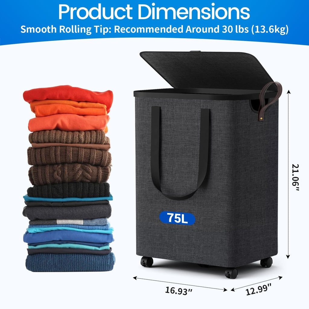 Basket with 5 Wheels, Rolling Laundry Hamper, 75L, Deep Gray