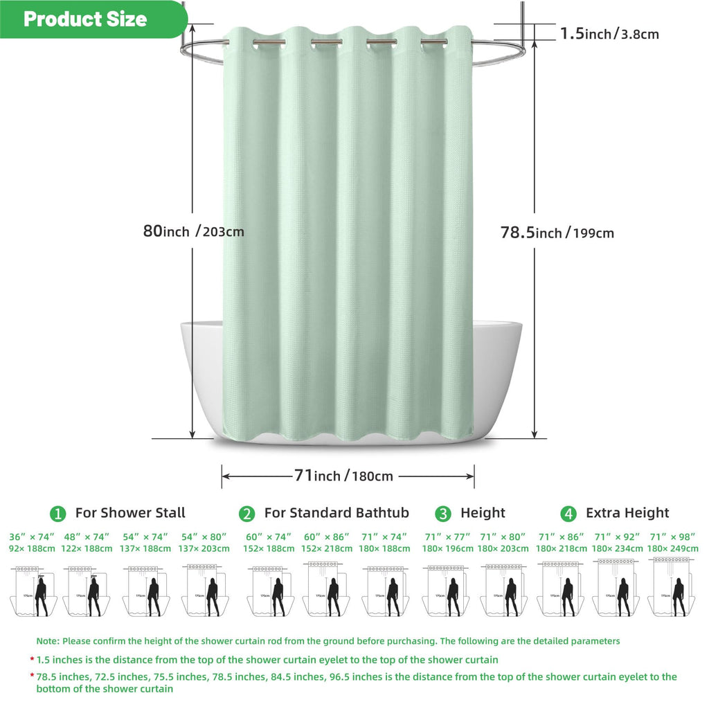 No Hook Waffle Shower Curtain, No Liner Needed, 71x80 Inch, Mint Green