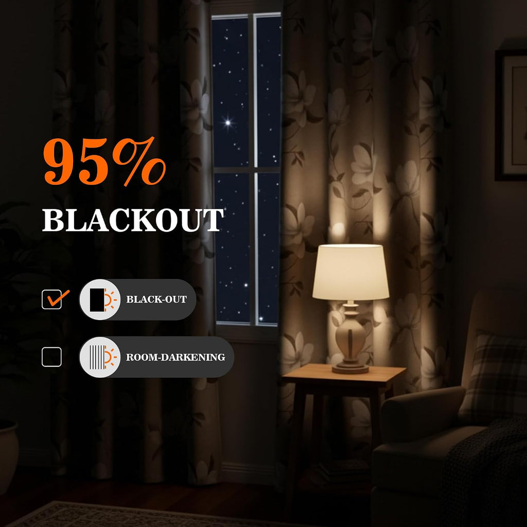 Floral 95% Blackout Curtains 84 Inches Long 2 Panels Set for Living Room - Thermal Insulated Black Out Flower Pattern