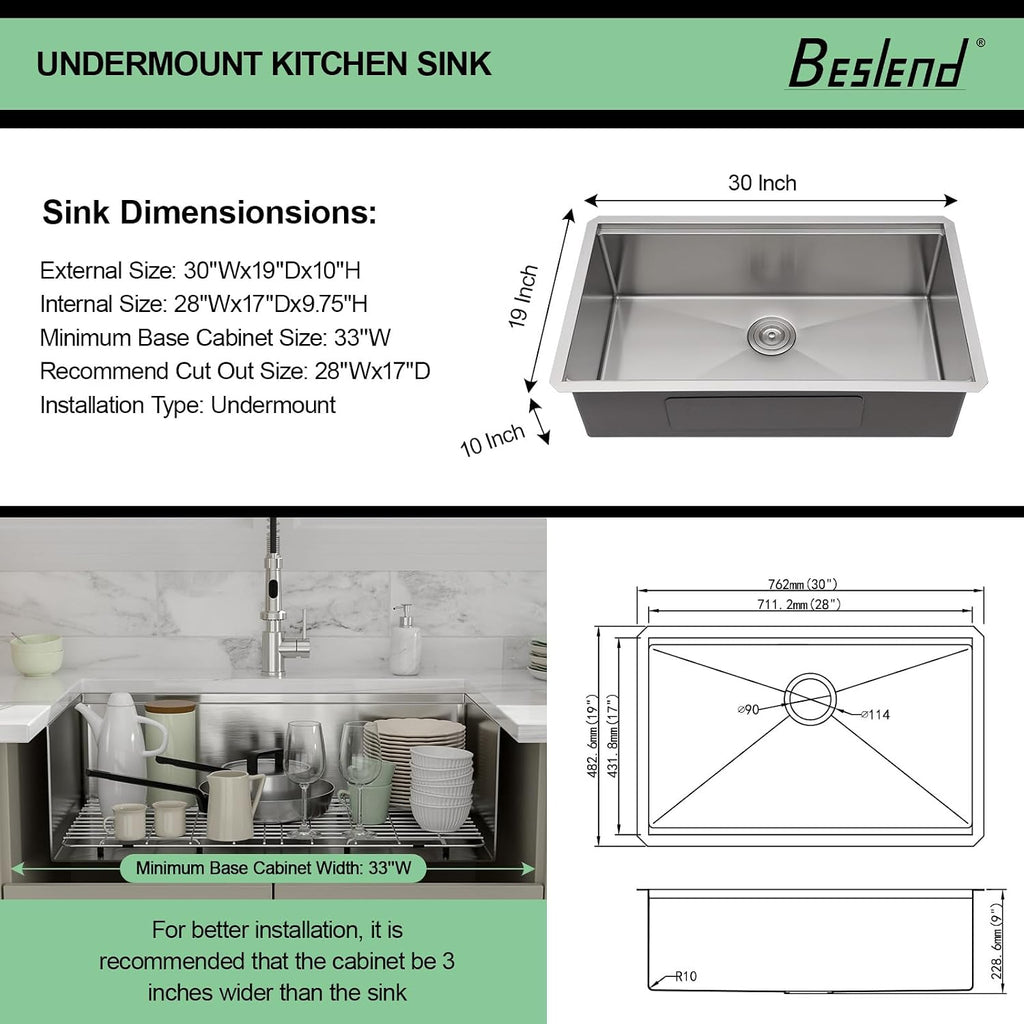 30 Undermount Workstation Kitchen Sink | Heavy-Duty 30x19x10 Stainless Steel 16 Gauge Single Bowl Workstation, Deep