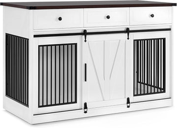 Dog Crate Furniture, Wooden Large Dog Kennel with Barn Door and 3 Drawers, 55.1 inches Length Pet Crate Indoor
