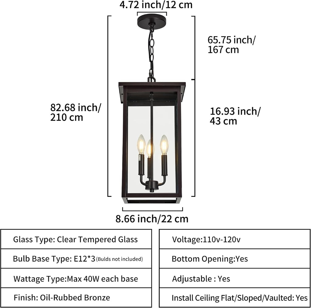 Large Outdoor Pendant Light Fixtures, Oil Rubbed Bronze 3-Lights Outdoor Ceiling Hanging Lanterns with Clear Glass