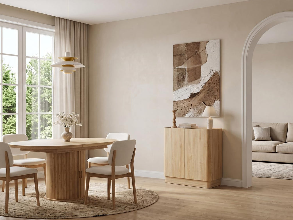Sideboard Buffet Cabinet with Storage, 31'' Natural Oak Wood Buffet with Adjustable Shelves & 210° Wide-Opening