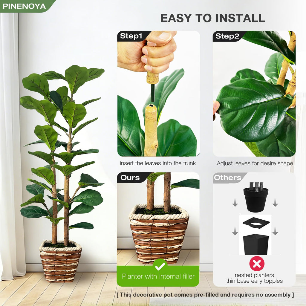 4ft Fiddle Leaf Fig Tree Artificial Plants in Woven Basket