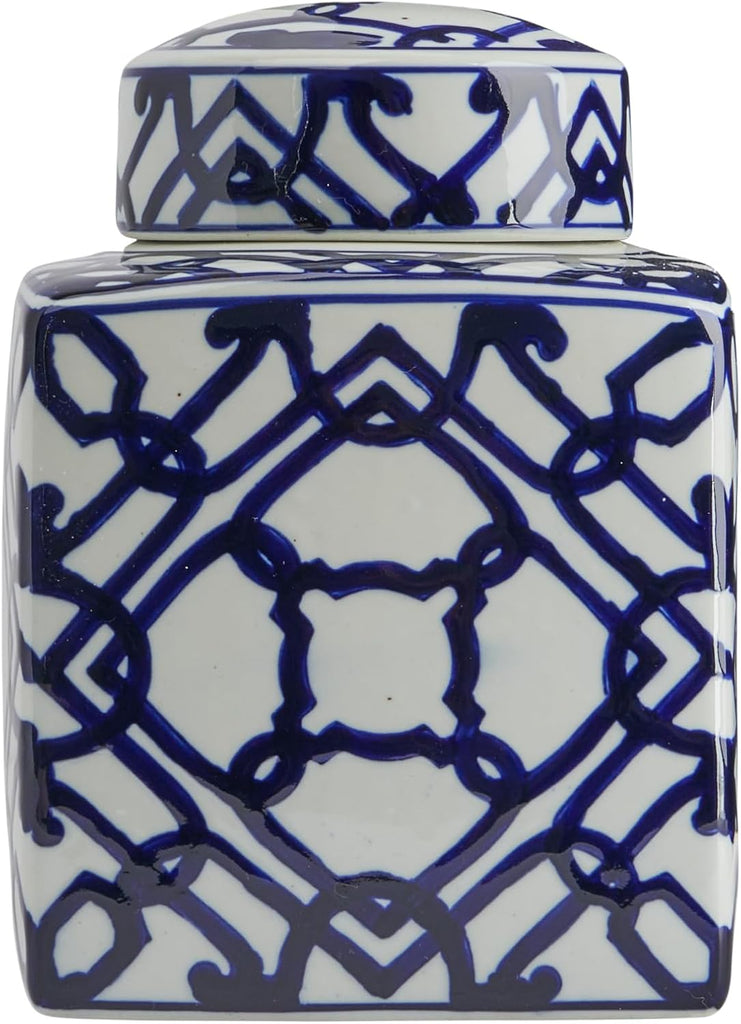 Decorative Square Ceramic Ginger Jar with Lid, Blue and White Geometric Fretwork