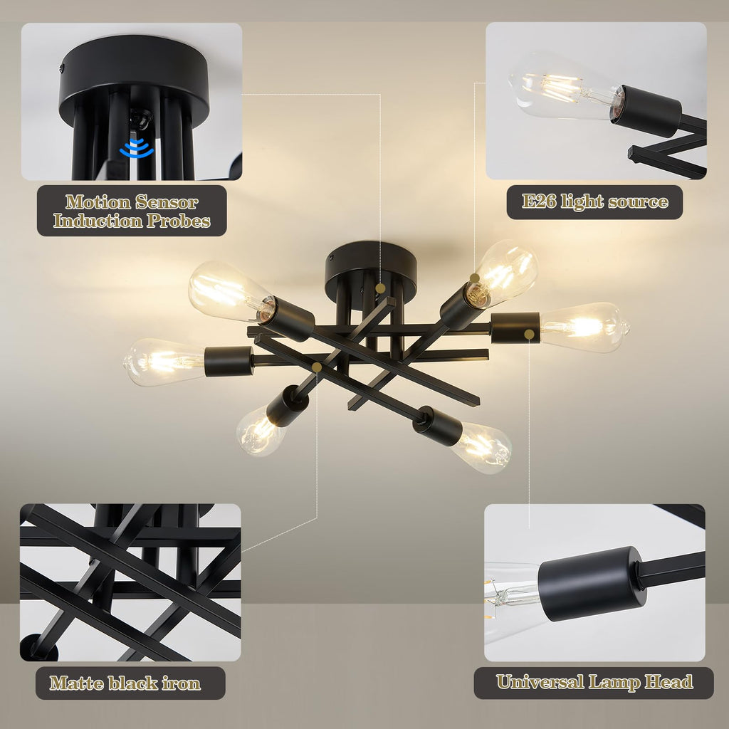Semi Flush Mount Motion Sensor Ceiling Light Fixture, 6 Lights Black Vintage Matte Sputnik Chandelier Ceiling Lamp