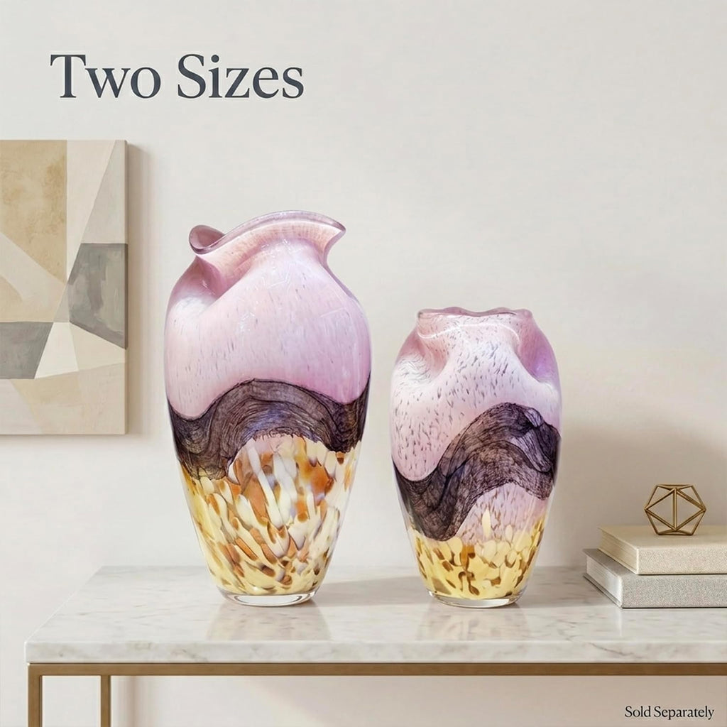 Murano Style Glass Vase, Hand Blown Decorative Art Vase with Ruffled Opening for Flowers, Shelf Tabletop Mantel
