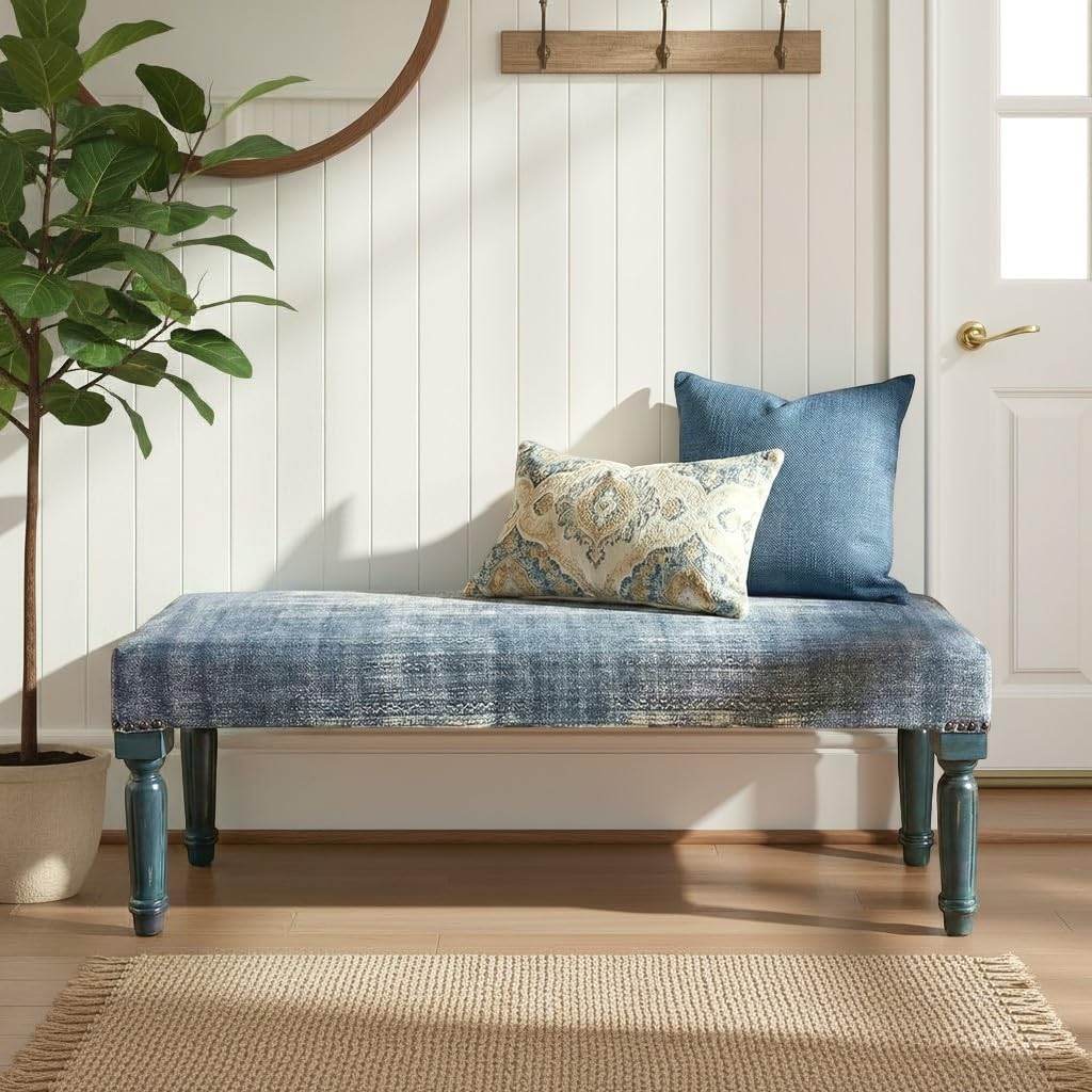 LR Home Blue Upholstered Bench End of Bed | Modern Distressed Accent Bench , or Hallway | 47" L x 16" W x 18" H