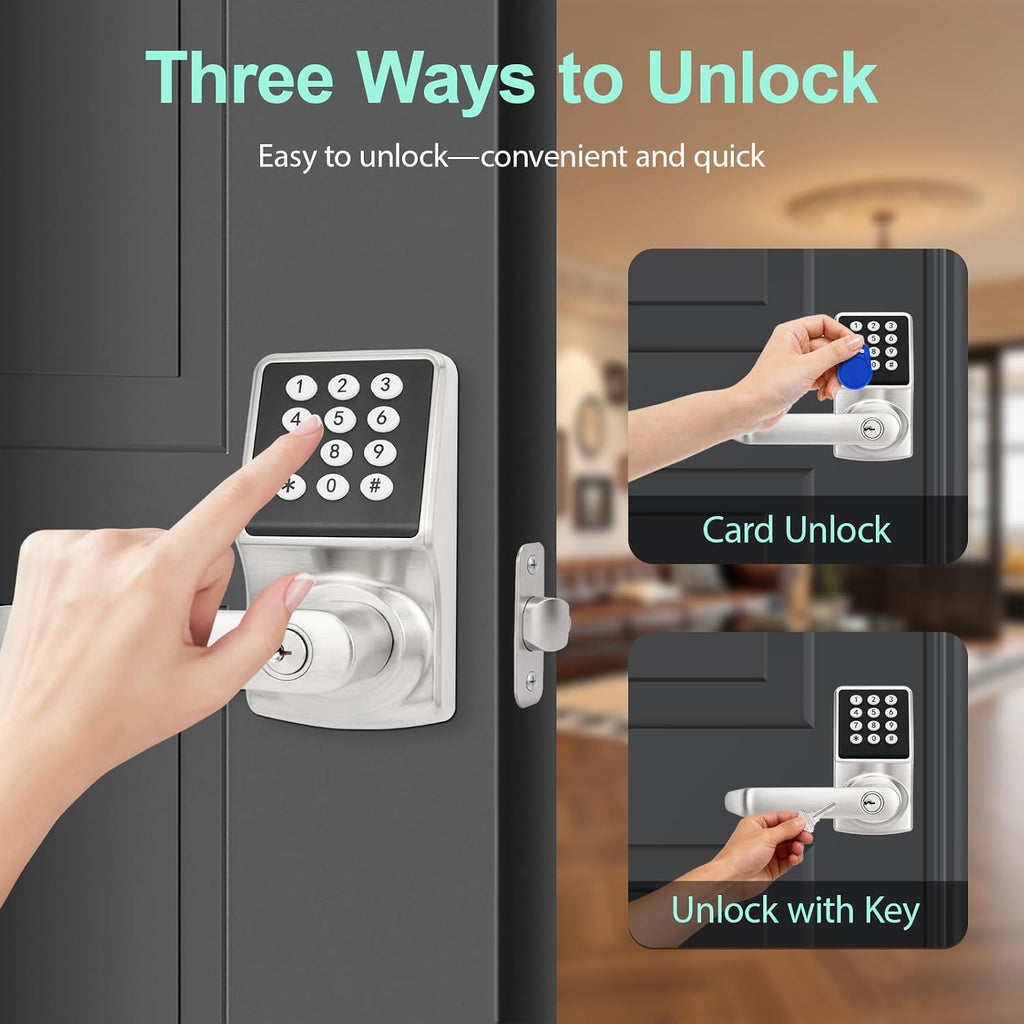 Keypad Door Knob with Handle - Keyless Entry Door Lock with Keypad, Electronic Door Knob with IC Card & Key, Satin