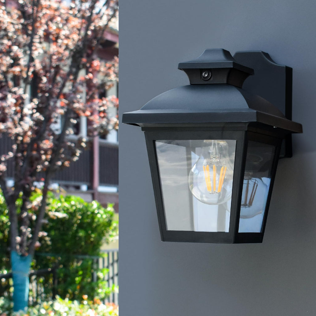 Dusk to Dawn Outdoor Wall Light Fixture, Exterior Porch Lantern, Black