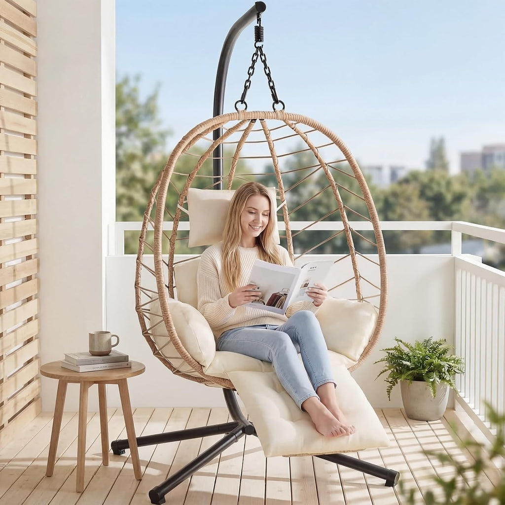 Wicker Egg Chair Outdoor, Hammock Chair with Footrest & Stand, Patio Swing with Cushion & Double Chains, Hanging