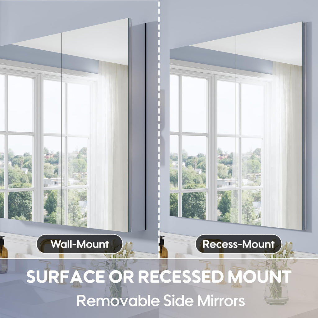 36" x 36" Bathroom Medicine Cabinet with Mirror, Anodized Chrome Aluminum Frame, Surface Mount or Recessed Medicine