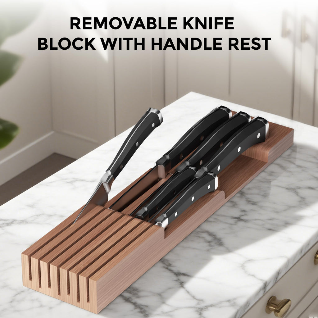 Expandable Bamboo Silverware Organizer with Knife Block, Brown