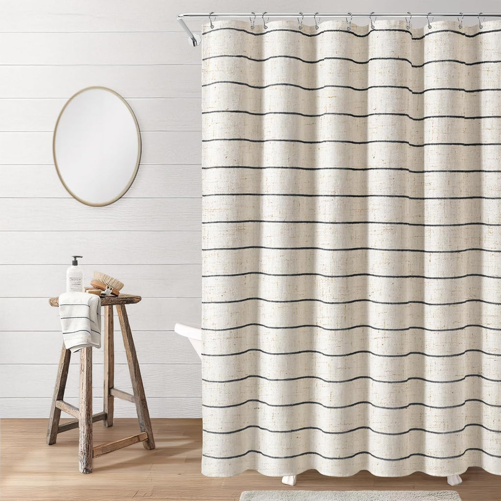 Striped Linen Shower Curtain , Black and Beige 72 W x 72 H | Boho Farmhouse Neutral Tan Bath Curtain