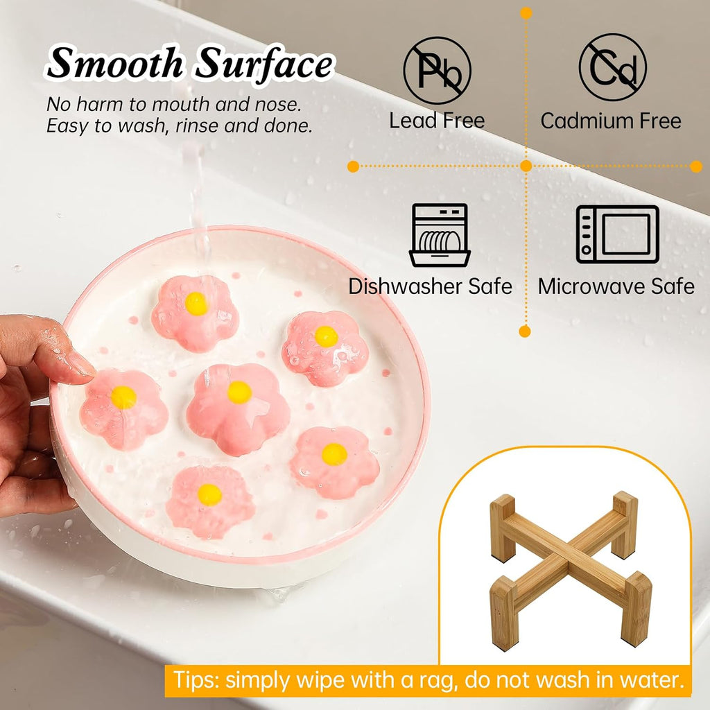 Elevated Ceramic Slow Feeder Cat Bowl with Anti-Slip Bamboo Stand