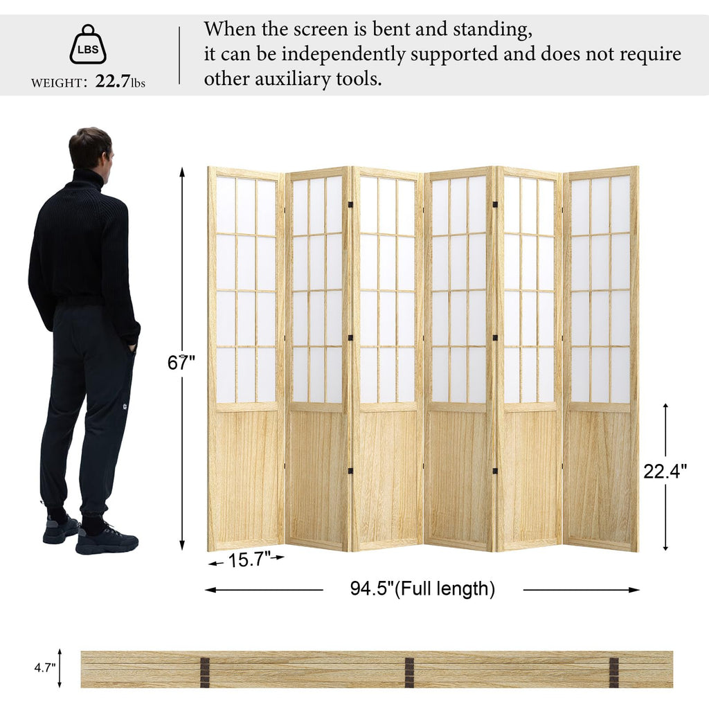 Room Divider, 66.9Inch Tall Japanese Shoji Style Folding Wood Screen with Double Hinges Bedroom Hotel Decoration