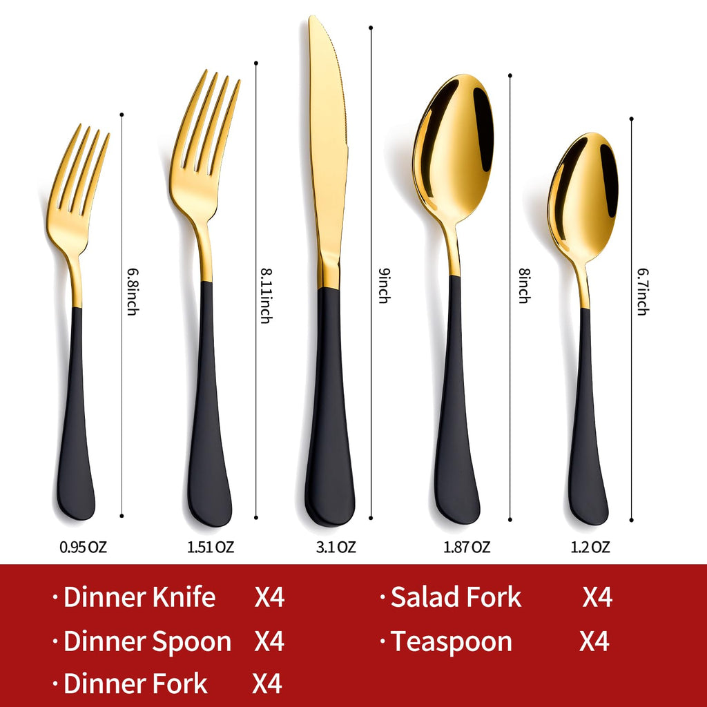20-Piece Gold Silverware Set 18/0 Stainless Steel Flatware Black Handle Cutlery Set Service for 4 Dinner Knives Forks