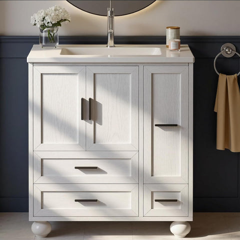 29.5" Bathroom Vanity with Sink & Hair Tool Drawer - Freestanding Cabinet with 4 Drawers & 2 Doors