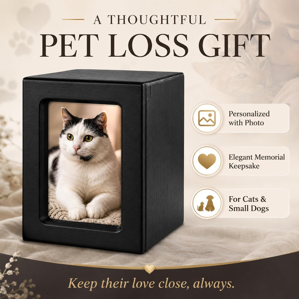 Pet Memorial Urn Built-in Photo Frame Hair Keepsake Pouch Wooden Cremation Box Dog Cat Ashes Easy Photo Change
