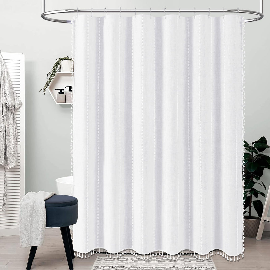 72x96 Extra Long Boho Linen Heavy Duty Cloth Shower Curtain Set, White