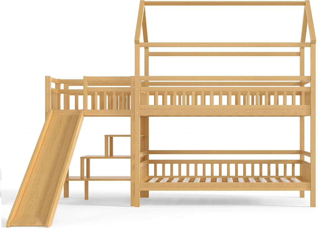 Twin over Twin Bunk Bed with Playhouse Design Roof, House Bunk Beds with Storage Stairs & Slide, Wood Bunkbed for Kids