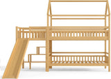 Twin over Twin Bunk Bed with Playhouse Design Roof, House Bunk Beds with Storage Stairs & Slide, Wood Bunkbed for Kids