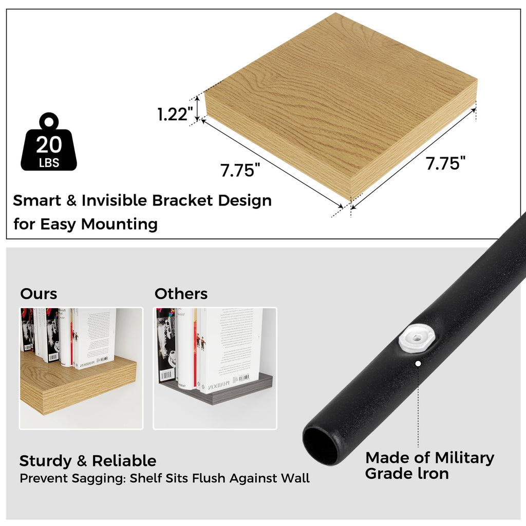 8"x8" Square Floating Shelves for Wall, Oak Finish, 3-Pack