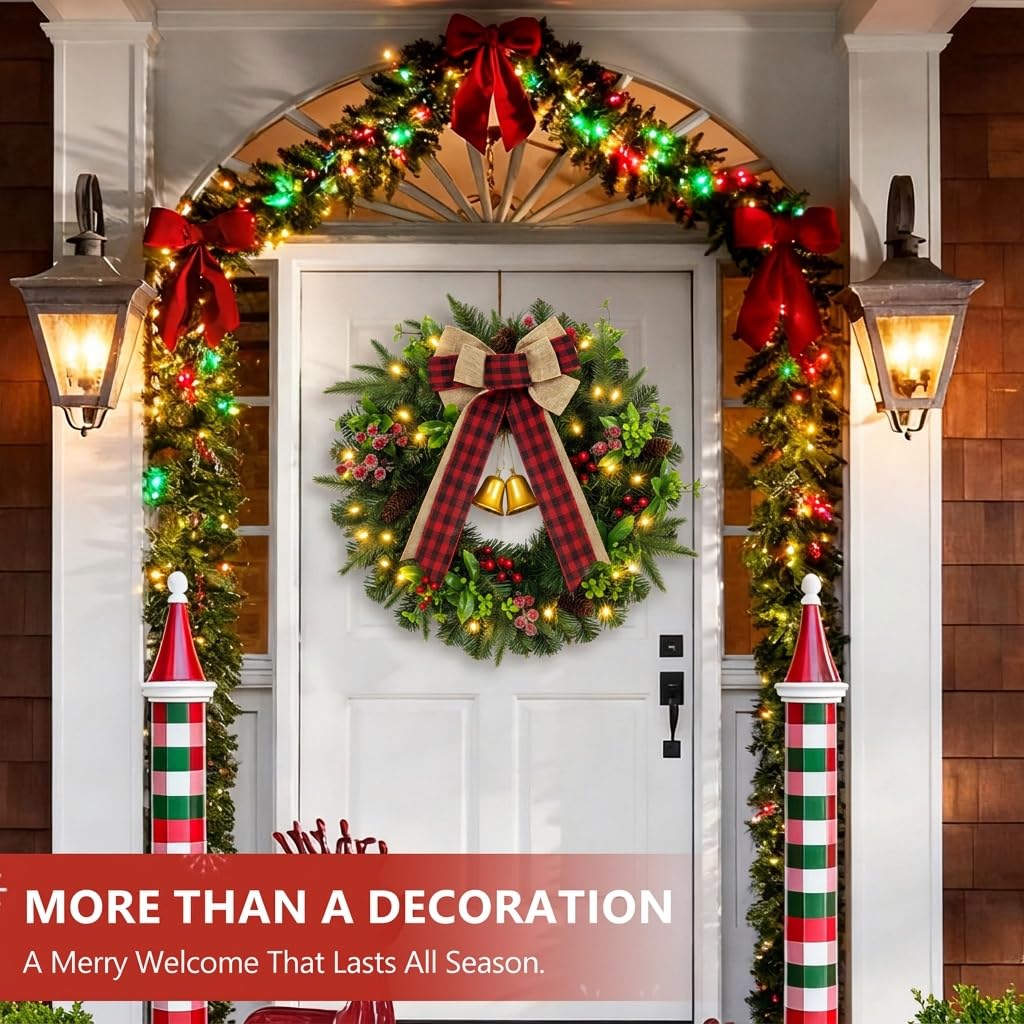 22" Pre-Lit Christmas Wreath with Lights for Front Door, Holiday Decoration