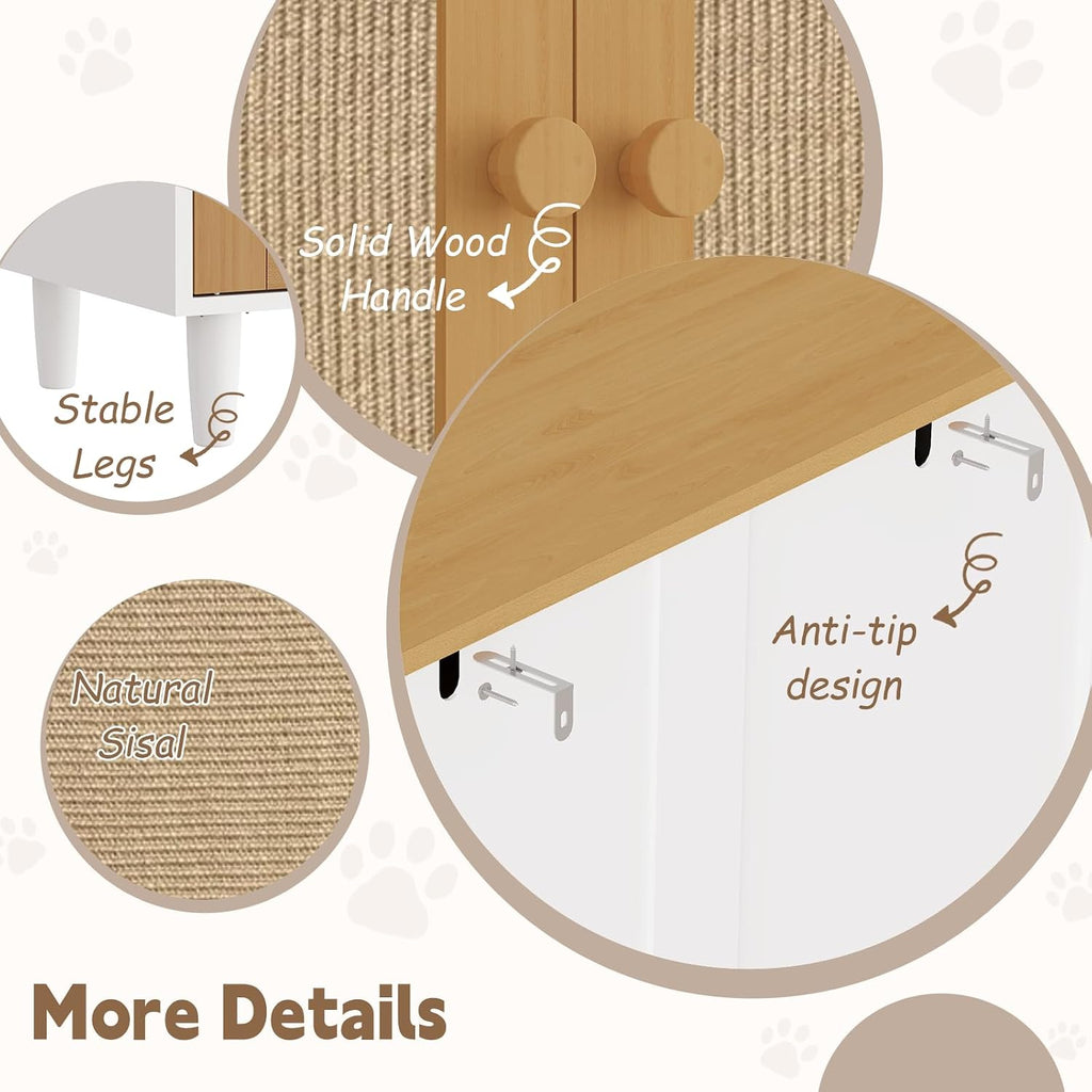 Cat Litter Box Enclosure, Hidden Litter Box Cabinet with Sisal Scratching Board Doors and Drawer, Dog Proof