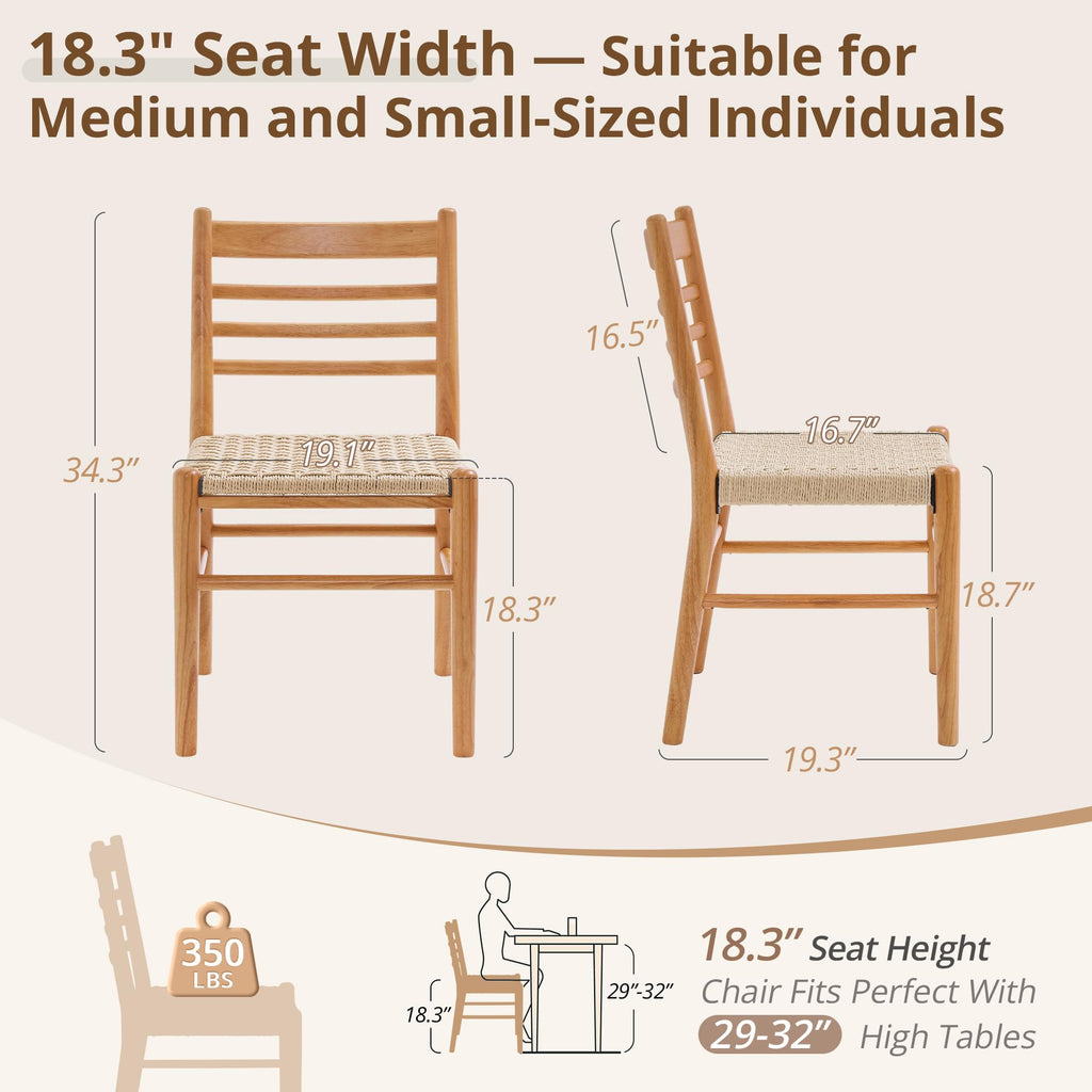 Dining Chairs Set of 4, Mid Century Modern Solid Rubberwood Ladder Back Wicker Chairs, Hand Woven Rattan Paper Rope