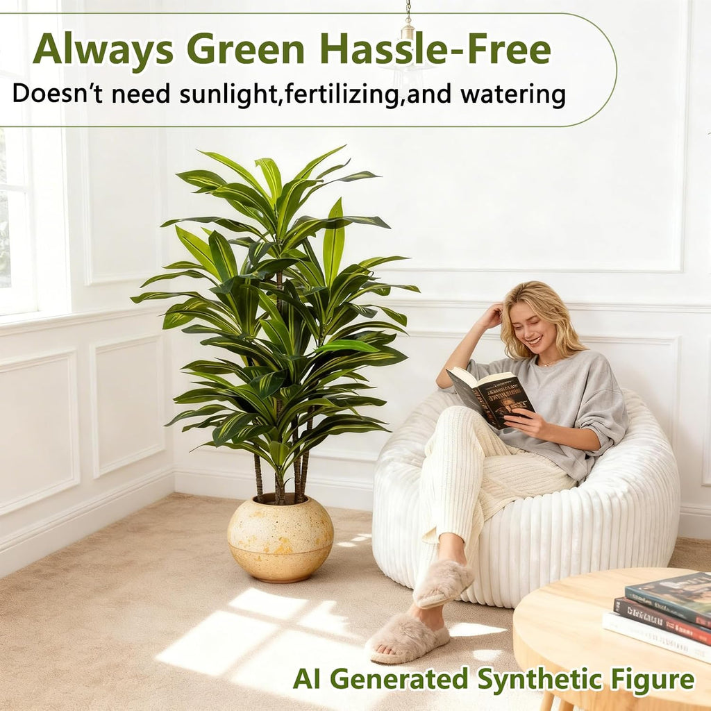 4ft Dracaena Artificial Plant - Large Tropical Indoor Fake Tree with Lifelike Leaves - Tall Faux Floor Plant in Pot