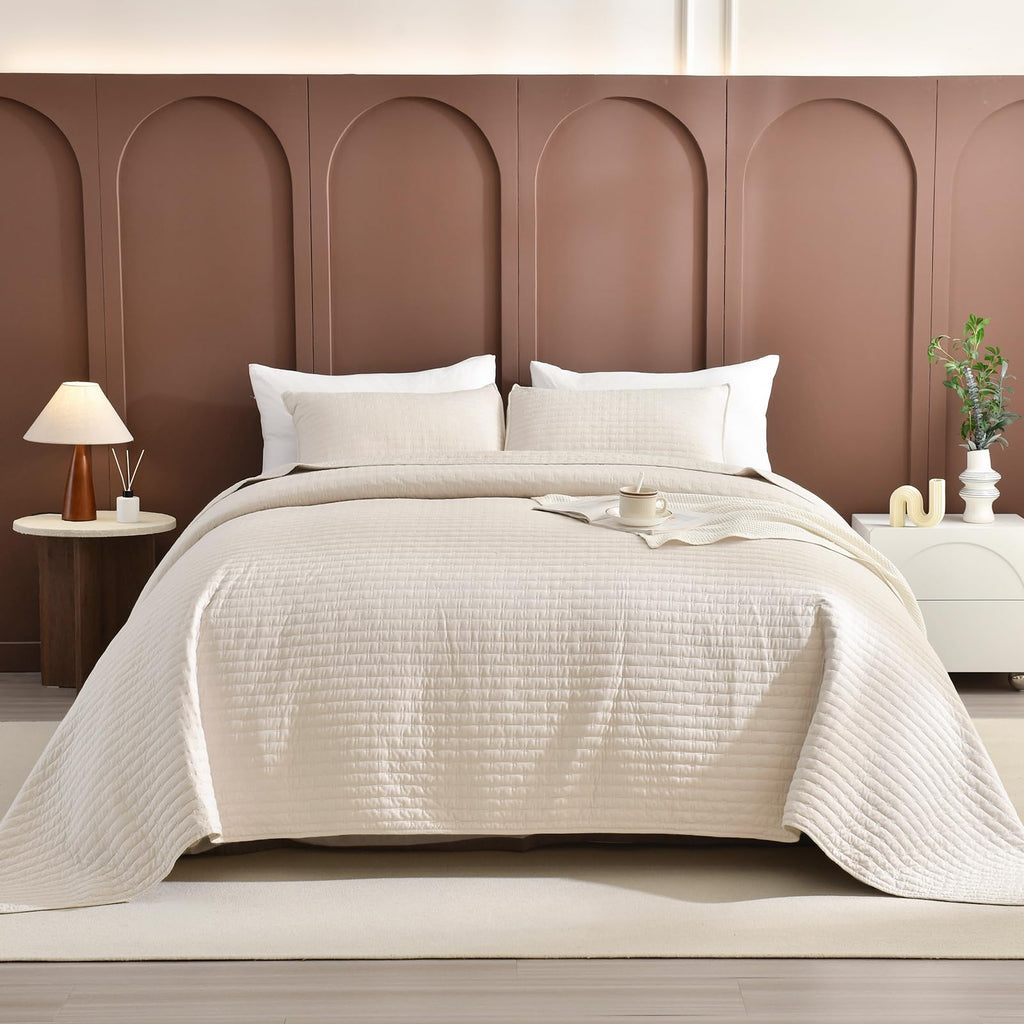 Oversized King Size Bedspread 128x120, 3pcs Extra Large Lightweight Summer Quilt Coverlet King Size, Wheat Cal King
