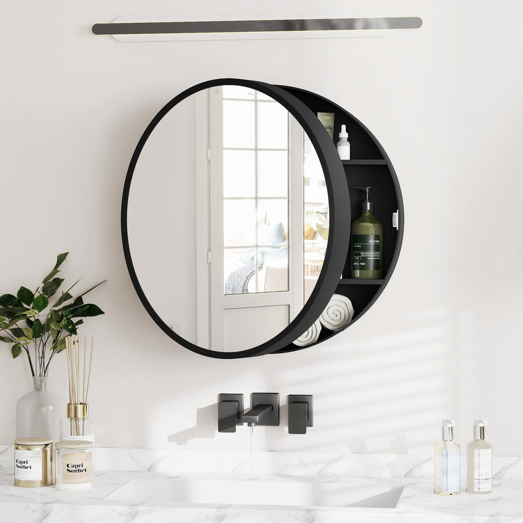 20 Inch Round Black Medicine Cabinet with Mirror, Modern Wall Mounted Vanity Cabinet, Circle Bathroom Mirror with