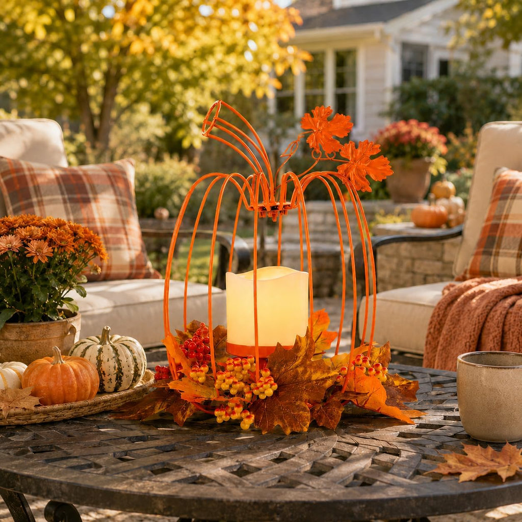 Thanksgiving Decorations,Fall Pumpkin Lanterns Decorative Indoor & Outdoor,Orange Wrought Iron Pumpkin Shape Tealight