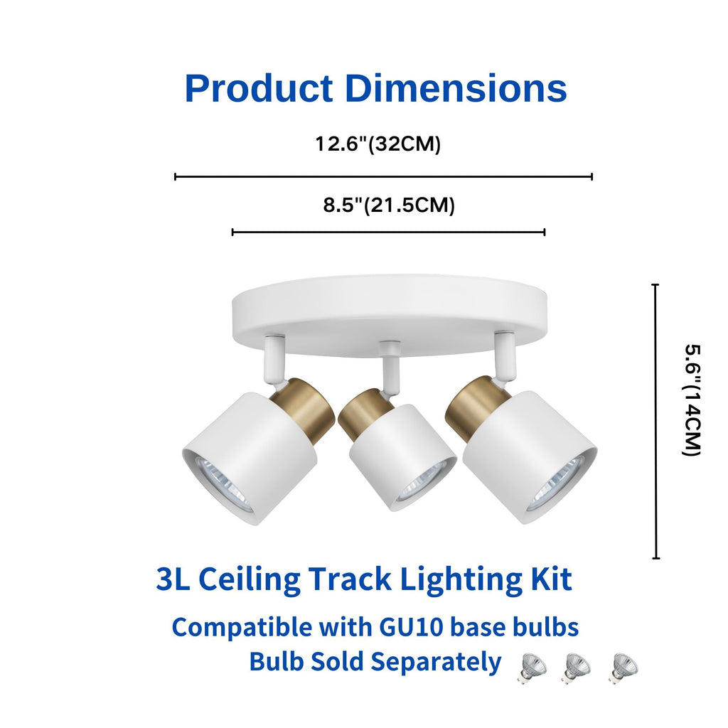 3 Light Track Lighting Kit, Matte White Brass Finish Canopy with Moden Flush Mount Ceiling Spotlight,Dining,Living