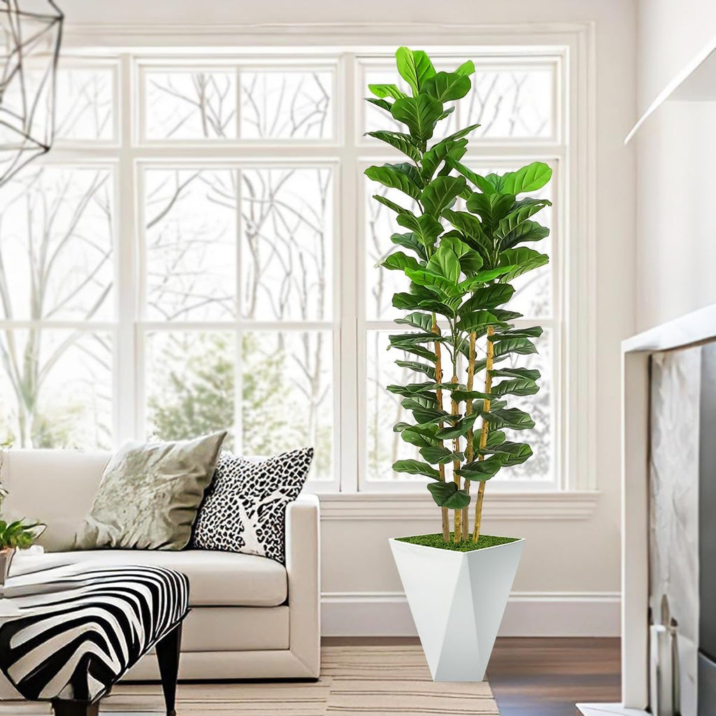 Fiddle Leaf Fig Tree,6ft Tall Fake Plant Indoor with White Planter,Faux Ficus Tree with Natural Wood Trunk Living
