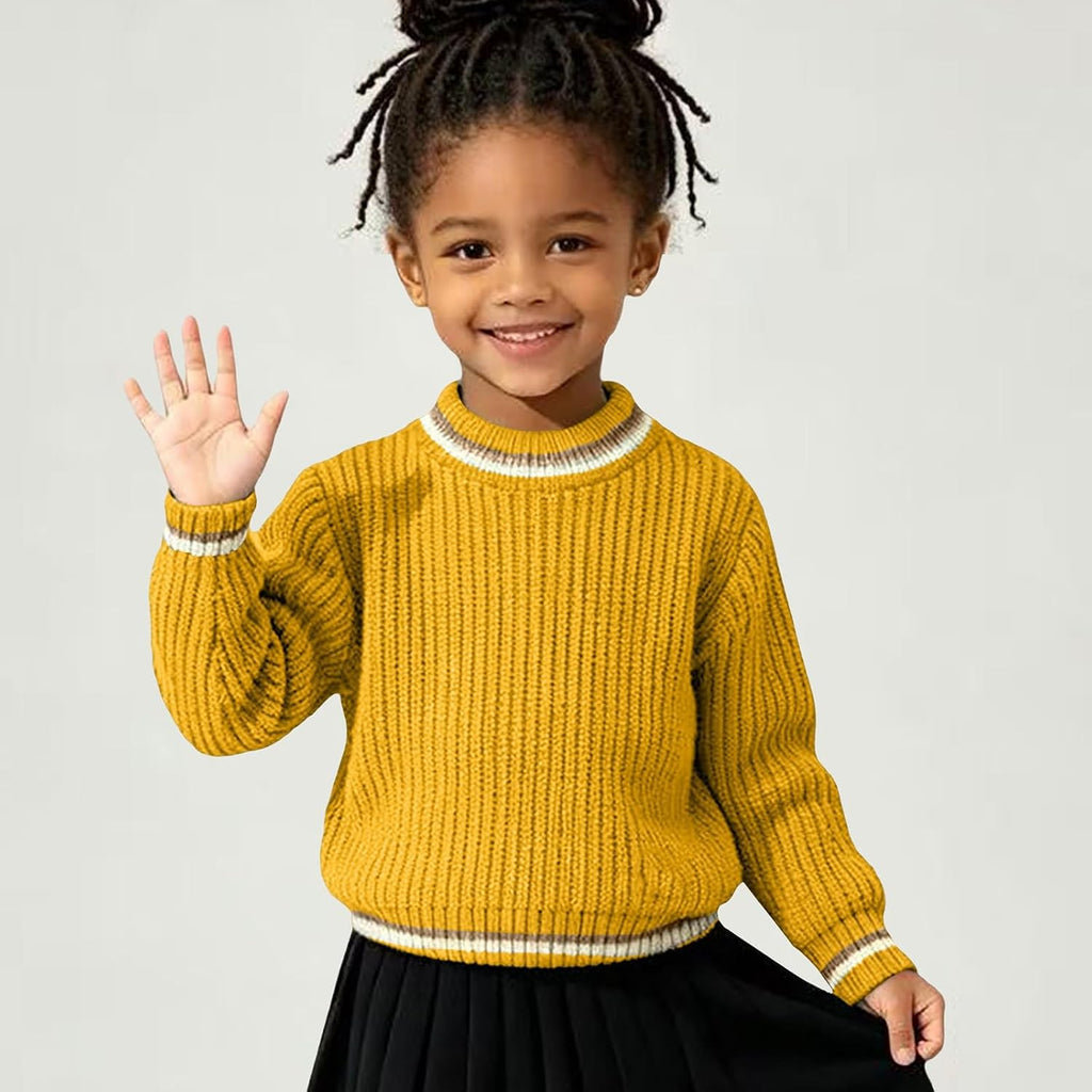 Kids Ribbed Cable Knit Sweater Striped Trim Long Sleeve Pullover Sweaters