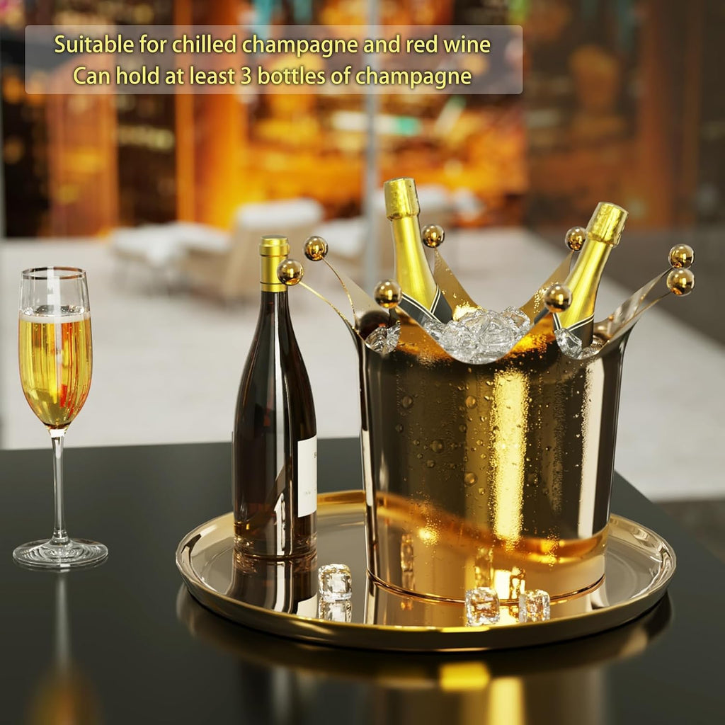 Royal Ice Bucket with Stand, Gold Ice Bucket,Stainless Steel Light-Luxury Standing Wine Bucket,Crown Design with 8