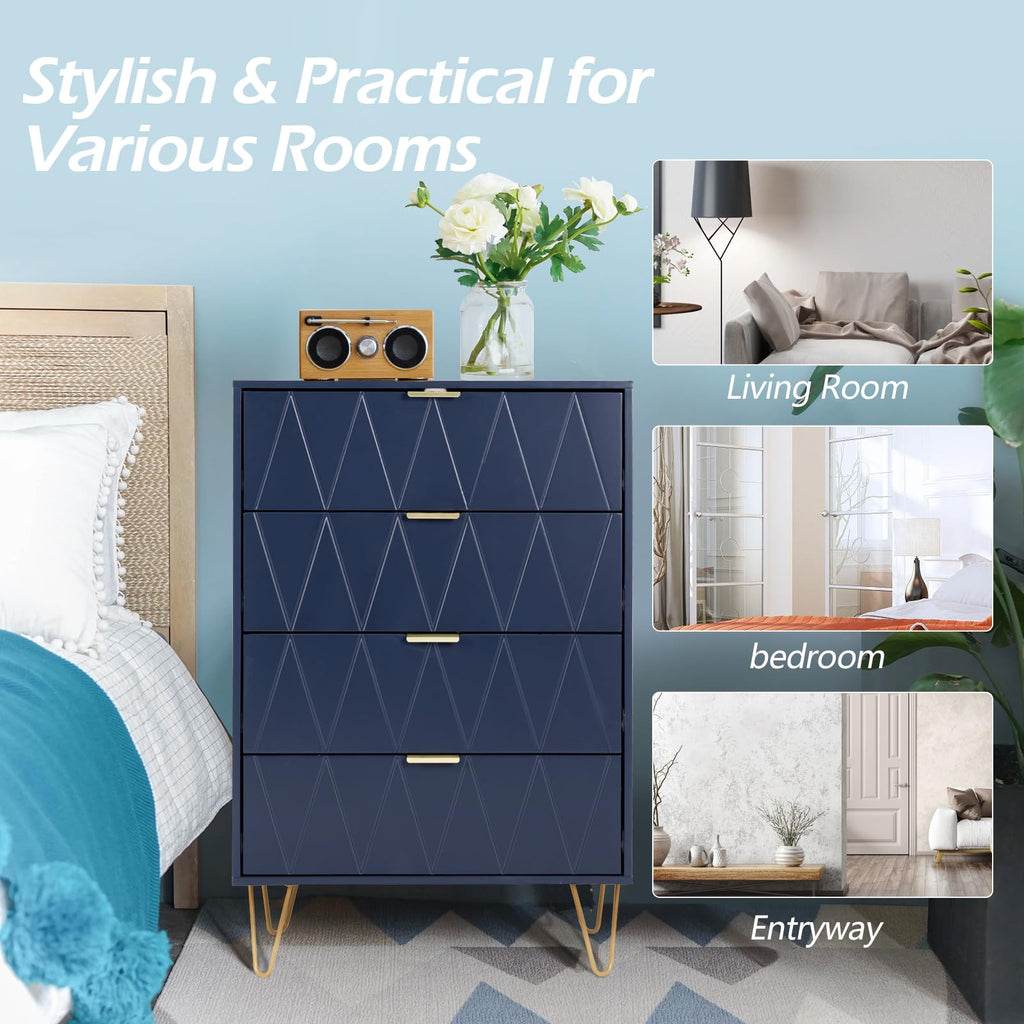 Navy Blue Tall 4 Drawer Dresser Black with Gold Handles, Drawer Chest Tall Storage Dresser Cabinet Organizer Unit