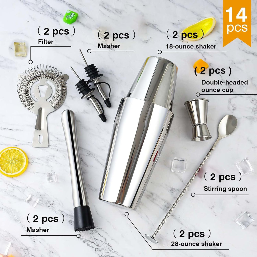 Cocktail Shaker Set, Boston Shakers, Bartending Drink Shaker Kit - Set of 14